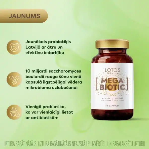 MegaBiotic kapsulu iepakojums ar Saccharomyces boulardii un kumelīšu ekstraktu